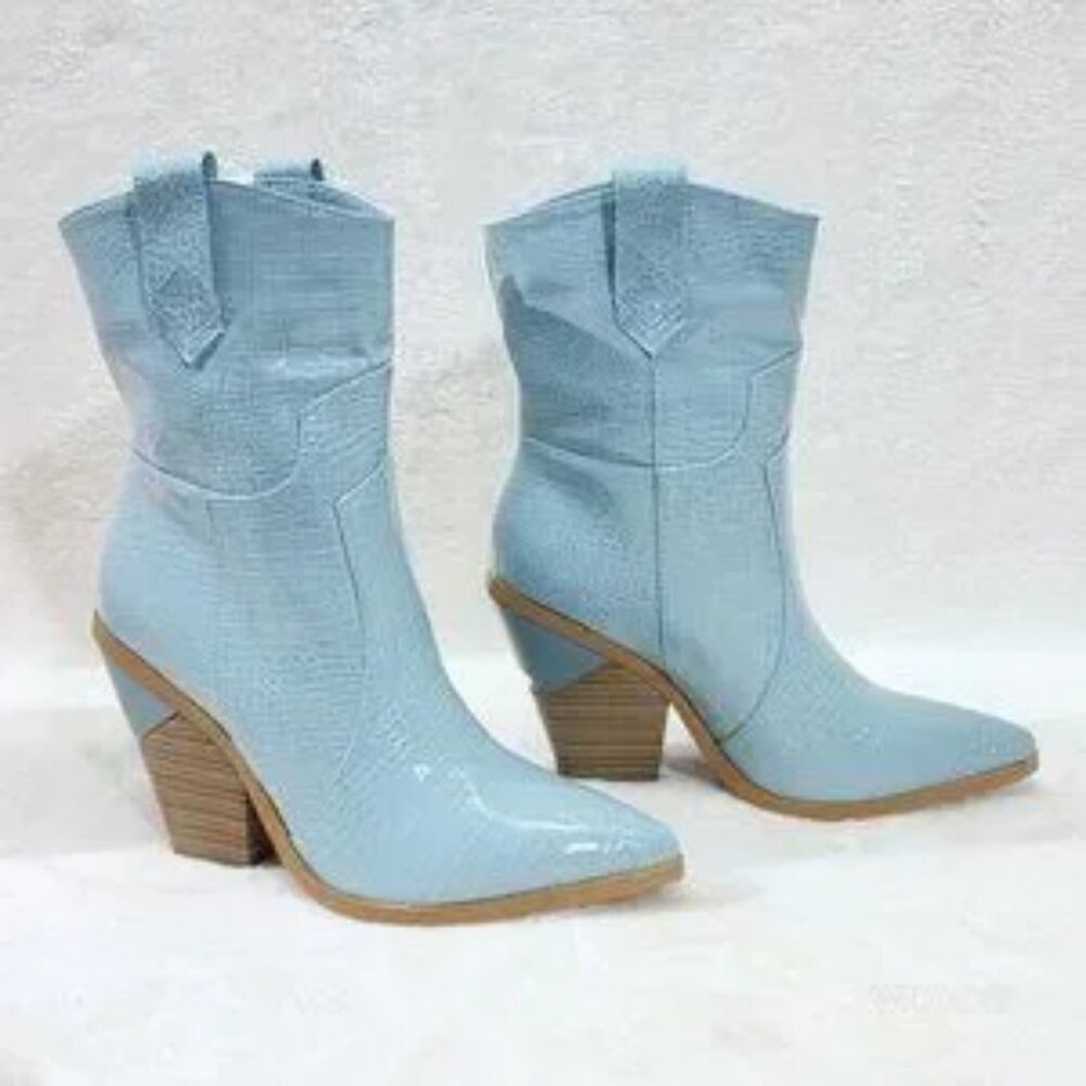 Twisted Blue Patent Country Western Cowgirl Ankle Boots 2 Tone Heels